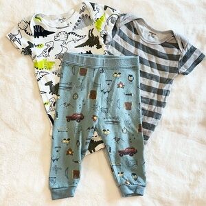 Gerber Dinosaur and Striped Bodysuits and Camping Themed Pants Set - Size: 12M